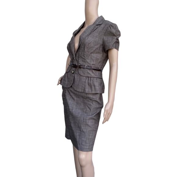 New IZ Byer Women's 2 Piece Brown Belted Skirt Collared Jacket Set Size L/7 - Picture 3 of 5